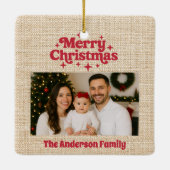 Vrolijk kerstrood foto beige burlap keramisch ornament (Achterkant)