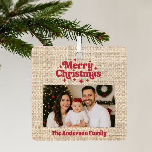 Vrolijk kerstrood foto beige burlap metalen ornament