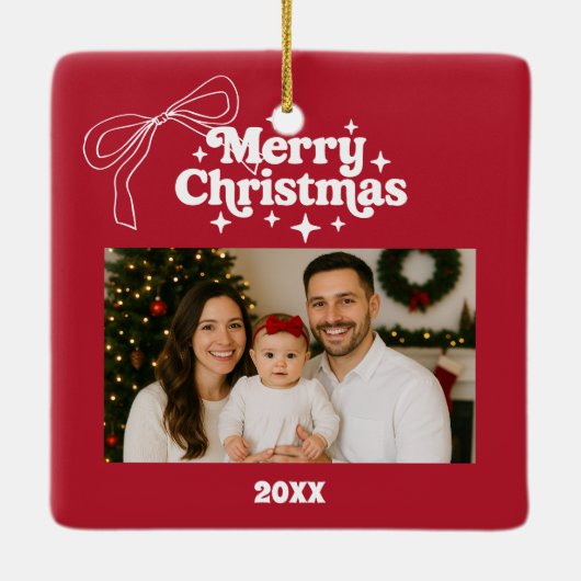 Vrolijk Kerstrood foto boog hand-getrokken retro Keramisch Ornament (Achterkant)