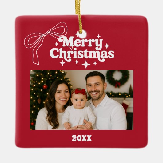 Vrolijk Kerstrood foto boog hand-getrokken retro Keramisch Ornament (Voorkant)