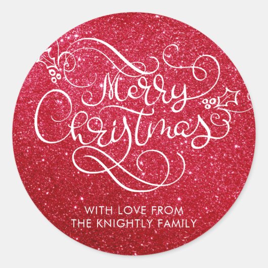 Vrolijk kerstrood glitter script Typografie Ronde Sticker (Voorkant)
