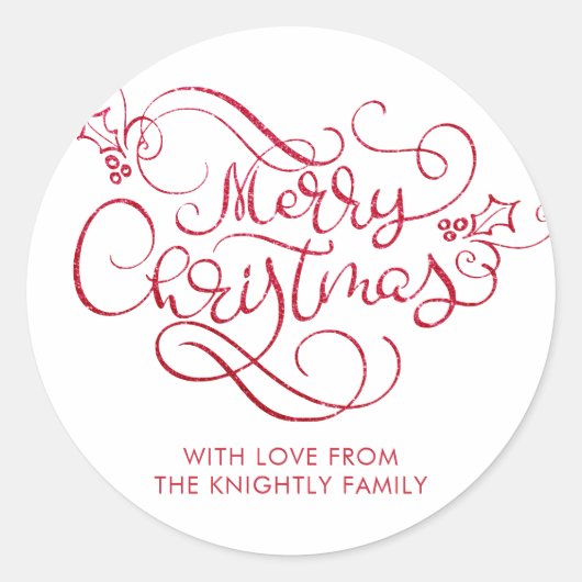 Vrolijk kerstrood glitter script Typografie Ronde Sticker (Voorkant)