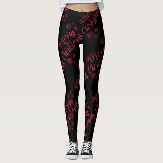Vrolijk kerstrood glitter zwarte Leggings (Voorkant)