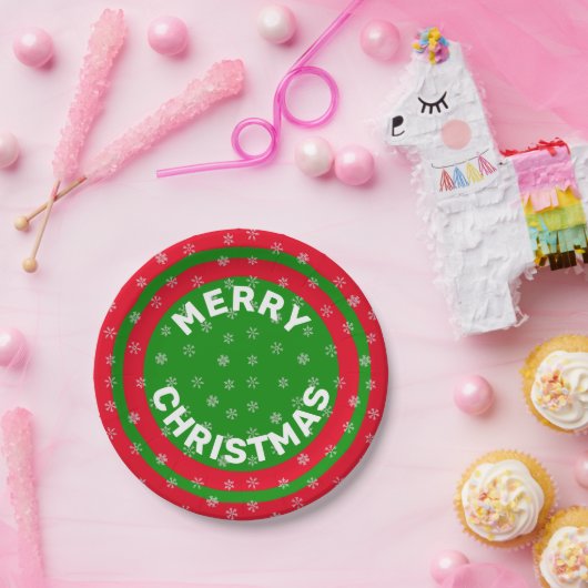 Vrolijk kerstrood groen en sneeuwvlokken 7 inch papieren bordje (Feest)