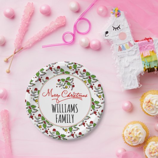 Vrolijk kerstrood groen holly berry feestdagen papieren bordje (Feest)