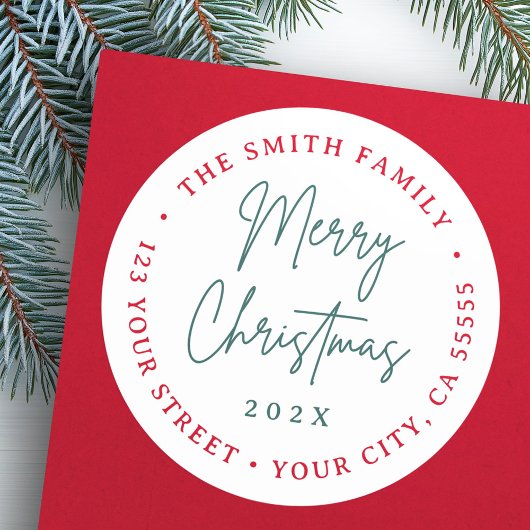 Vrolijk kerstrood groen script retouradres ronde sticker