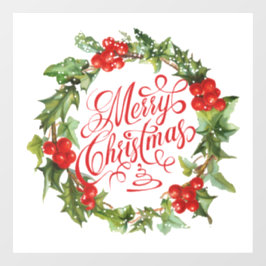 Vrolijk kerstrood Groen Wreath Holly Ivy Raamsticker