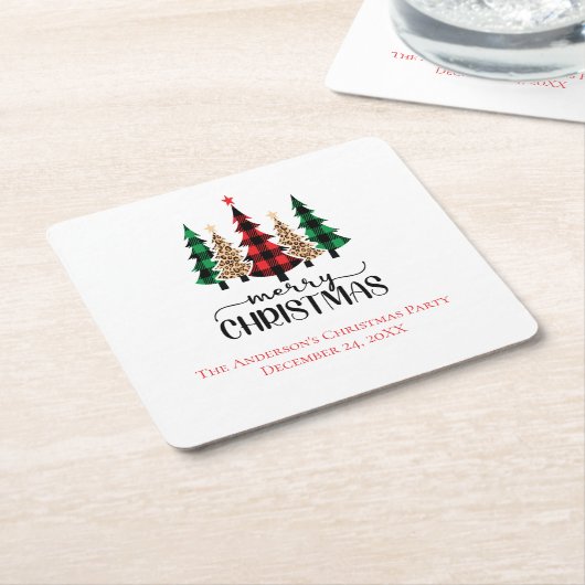 Vrolijk kerstrood-groene en zwarte pietbomen kartonnen onderzetters (Schuin)