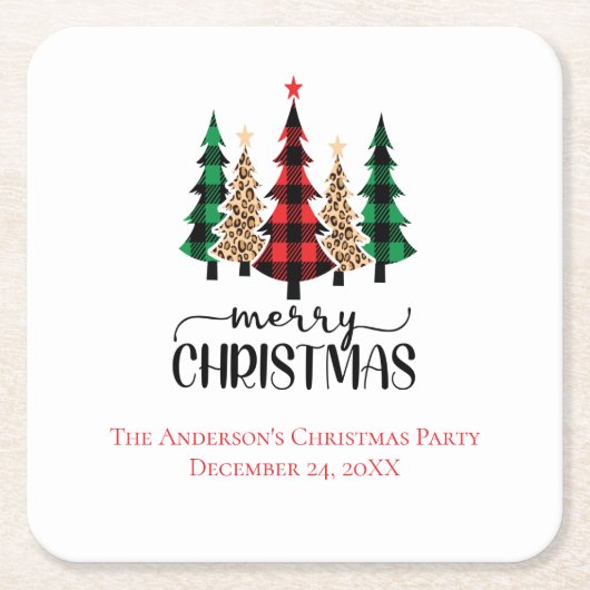 Vrolijk kerstrood-groene en zwarte pietbomen kartonnen onderzetters (Voorkant)