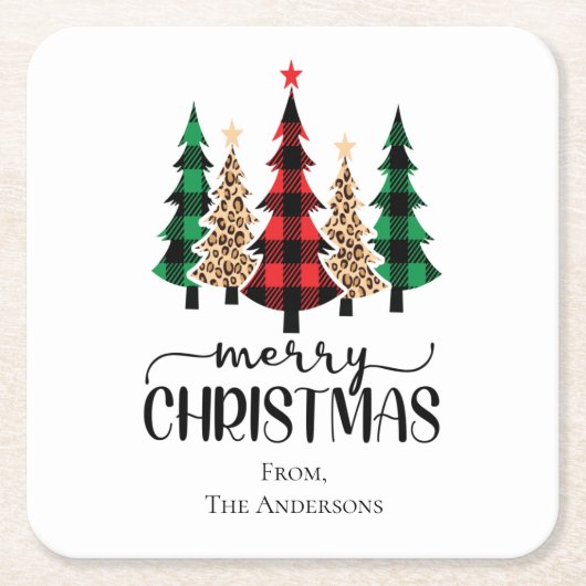 Vrolijk kerstrood-groene en zwarte pietbomen kartonnen onderzetters (Voorkant)