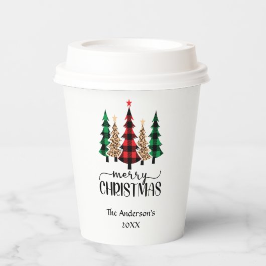 Vrolijk kerstrood groene zwarte buffelboom papieren bekers (Voorkant)