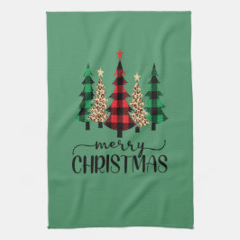 Vrolijk kerstrood groene zwarte buffelboom theedoek