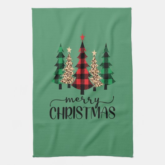 Vrolijk kerstrood groene zwarte buffelboom theedoek (Verticaal)