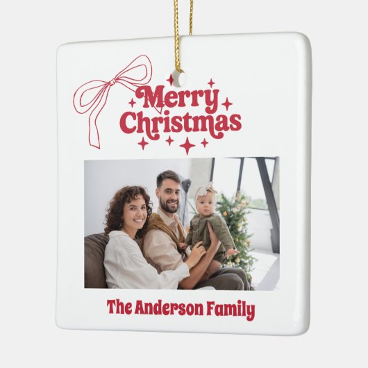 Vrolijk kerstrood handgetekende strik retro foto keramisch ornament (Links)