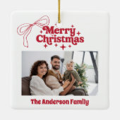 Vrolijk kerstrood handgetekende strik retro foto keramisch ornament (Achterkant)