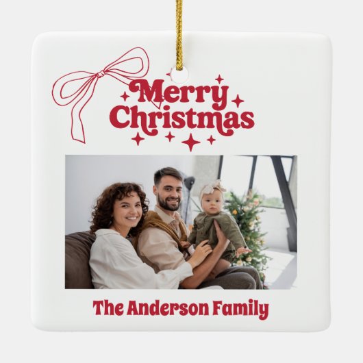 Vrolijk kerstrood handgetekende strik retro foto keramisch ornament (Achterkant)