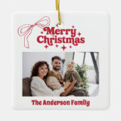 Vrolijk kerstrood handgetekende strik retro foto keramisch ornament (Voorkant)