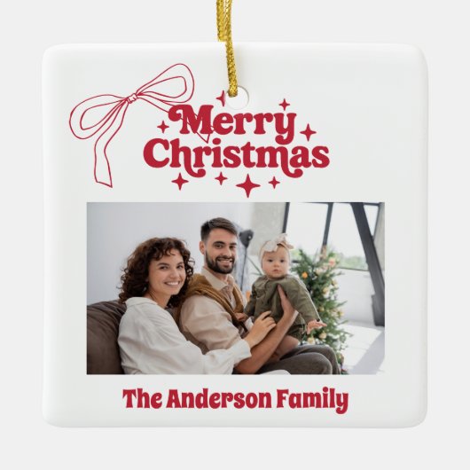 Vrolijk kerstrood handgetekende strik retro foto keramisch ornament (Voorkant)