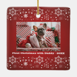 Vrolijk kerstrood Happy Nieuwjaar + Familie Foto Keramisch Ornament