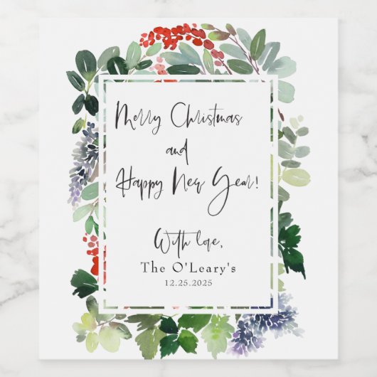 Vrolijk kerstrood Holly Modern script Wijn Etiket (Enkel label)