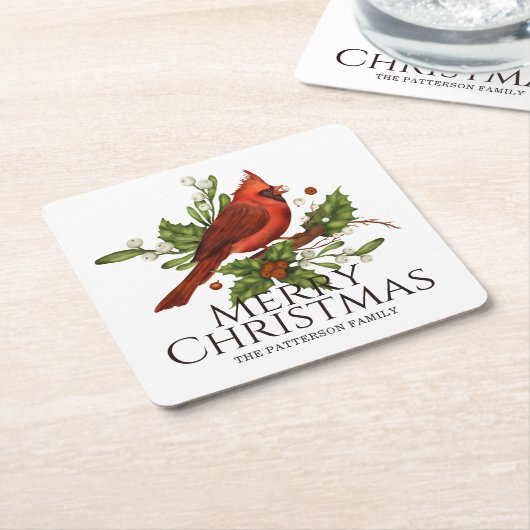 Vrolijk kerstrood kardinaal Holly gepersonaliseerd Kartonnen Onderzetters (Schuin)