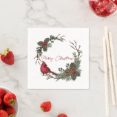 Vrolijk kerstrood kardinaal op een tak servet (Insitu)