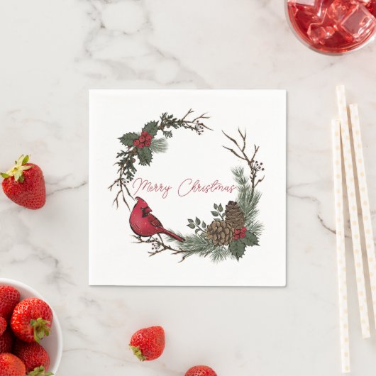 Vrolijk kerstrood kardinaal op een tak servet (Insitu)