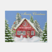 Vrolijk kerstrood landhuis sneeuw deurmat (Voorkant)