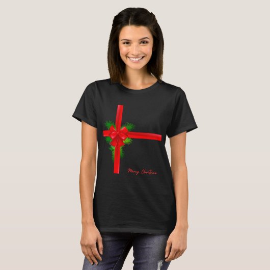 Vrolijk kerstrood lint en boog t-shirt (Voorkant volledig)