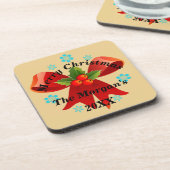 Vrolijk kerstrood lint Holly Leaf Bier Onderzetter (Linkerzijde)