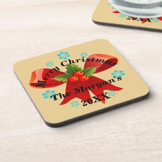 Vrolijk kerstrood lint Holly Leaf Bier Onderzetter (Linkerzijde)