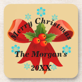 Vrolijk kerstrood lint Holly Leaf Bier Onderzetter