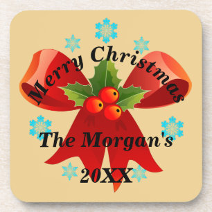 Vrolijk kerstrood lint Holly Leaf Bier Onderzetter