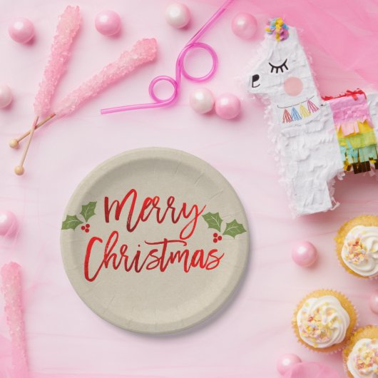 Vrolijk kerstrood met Folie Moderne Script Kraft Papieren Bordje (Feest)