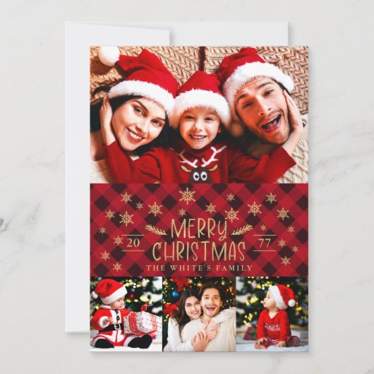 Vrolijk kerstrood met gouden sneeuwvlokken 4 Foto' Feestdagenkaart (Voorkant)