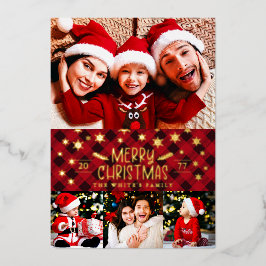 Vrolijk kerstrood met gouden sneeuwvlokken 4 Foto Folie Feestdagenkaart