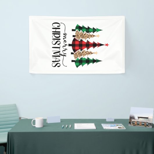 Vrolijk kerstrood met groene vleugelbomen spandoek (Beurs)