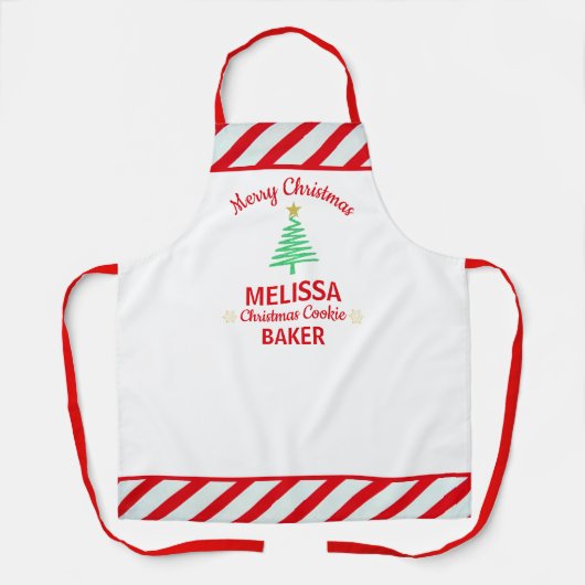Vrolijk kerstrood met witte strepen snoepriet schort (Voorkant)