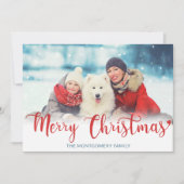 Vrolijk kerstrood modern script foto blauw feestdagenkaart (Voorkant)