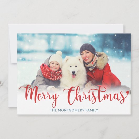 Vrolijk kerstrood modern script foto blauw feestdagenkaart (Voorkant)