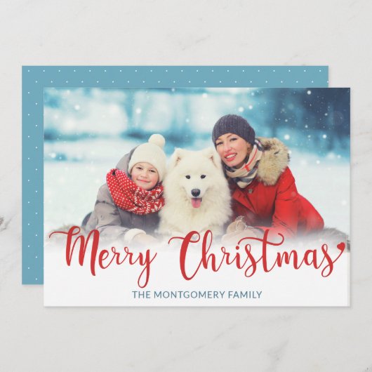 Vrolijk kerstrood modern script foto blauw feestdagenkaart (Voorkant / Achterkant)