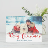 Vrolijk kerstrood modern script foto blauw feestdagenkaart (Staand voorkant)