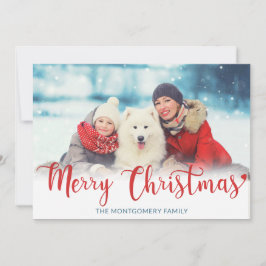 Vrolijk kerstrood modern script foto blauw feestdagenkaart