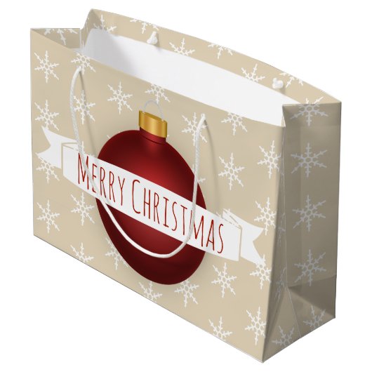 Vrolijk kerstrood Ornament, lint en sneeuwvlokken Groot Cadeauzakje (Achterkant Gekanteld)