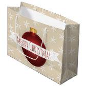 Vrolijk kerstrood Ornament, lint en sneeuwvlokken Groot Cadeauzakje (Voorkant Gekanteld)