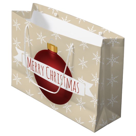 Vrolijk kerstrood Ornament, lint en sneeuwvlokken Groot Cadeauzakje (Voorkant Gekanteld)