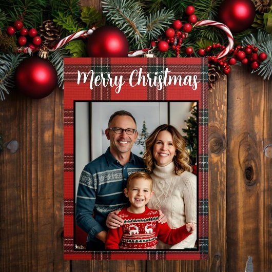 Vrolijk Kerstrood Plaid Custom Family Photo Feestdagenkaart
