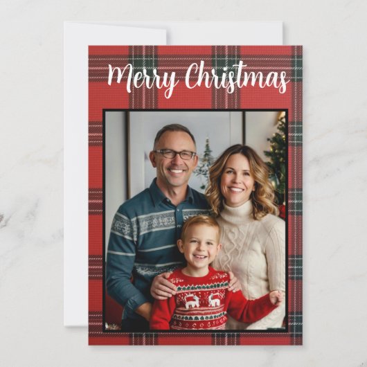 Vrolijk Kerstrood Plaid Custom Family Photo Feestdagenkaart (Voorkant)