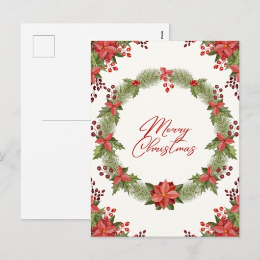 Vrolijk kerstrood poinsettia en bessen feestdagenkaart (Voorkant / Achterkant)