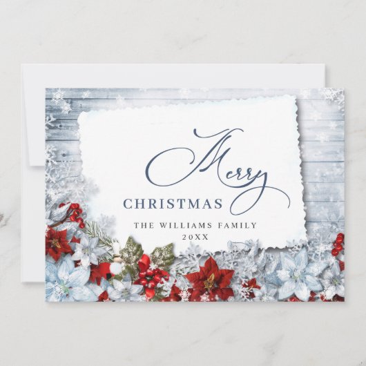 Vrolijk kerstrood Poinsettia Rustic Wood Feestdagenkaart (Voorkant)